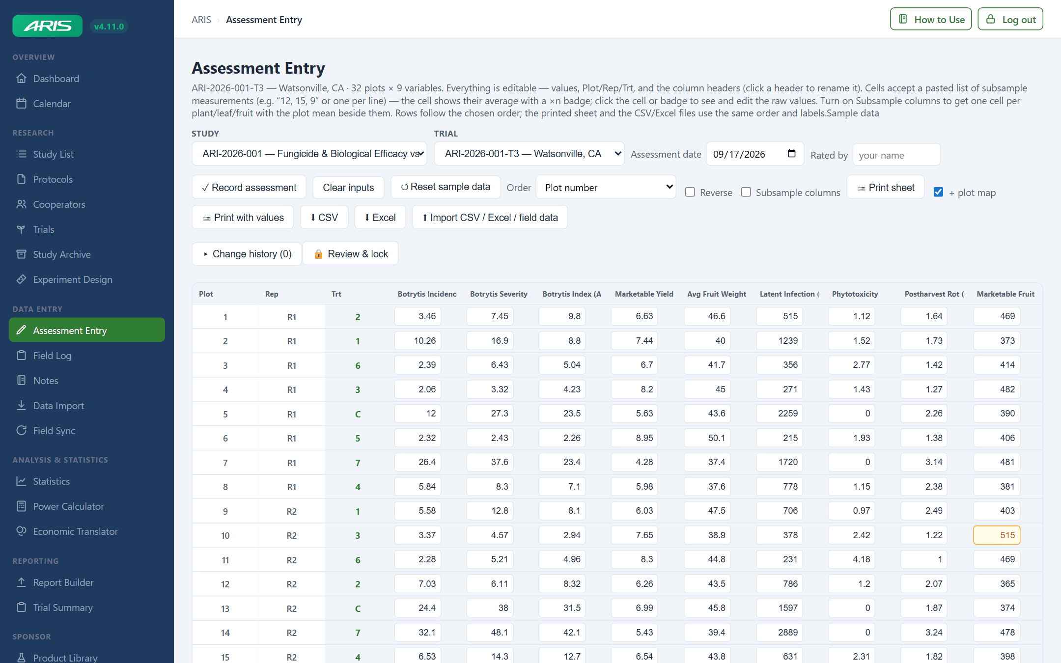 ARIS assessment entry grid with plots, reps and treatment columns