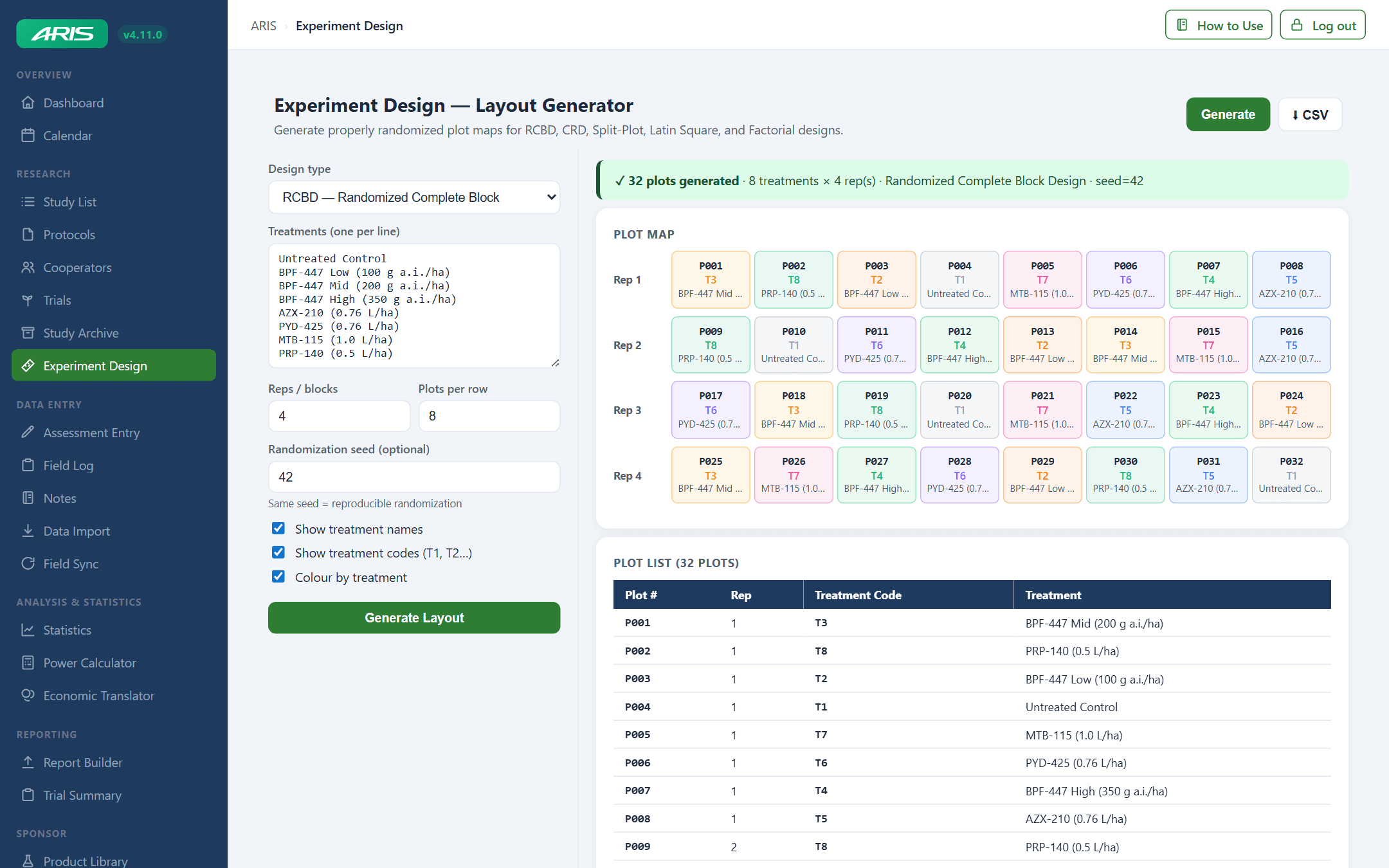 ARIS experiment design page showing a randomized complete block plot map