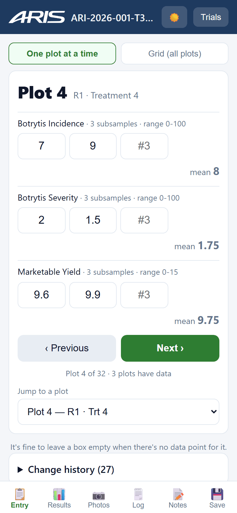 ARIS Field rating plot 4 with three subsamples per variable